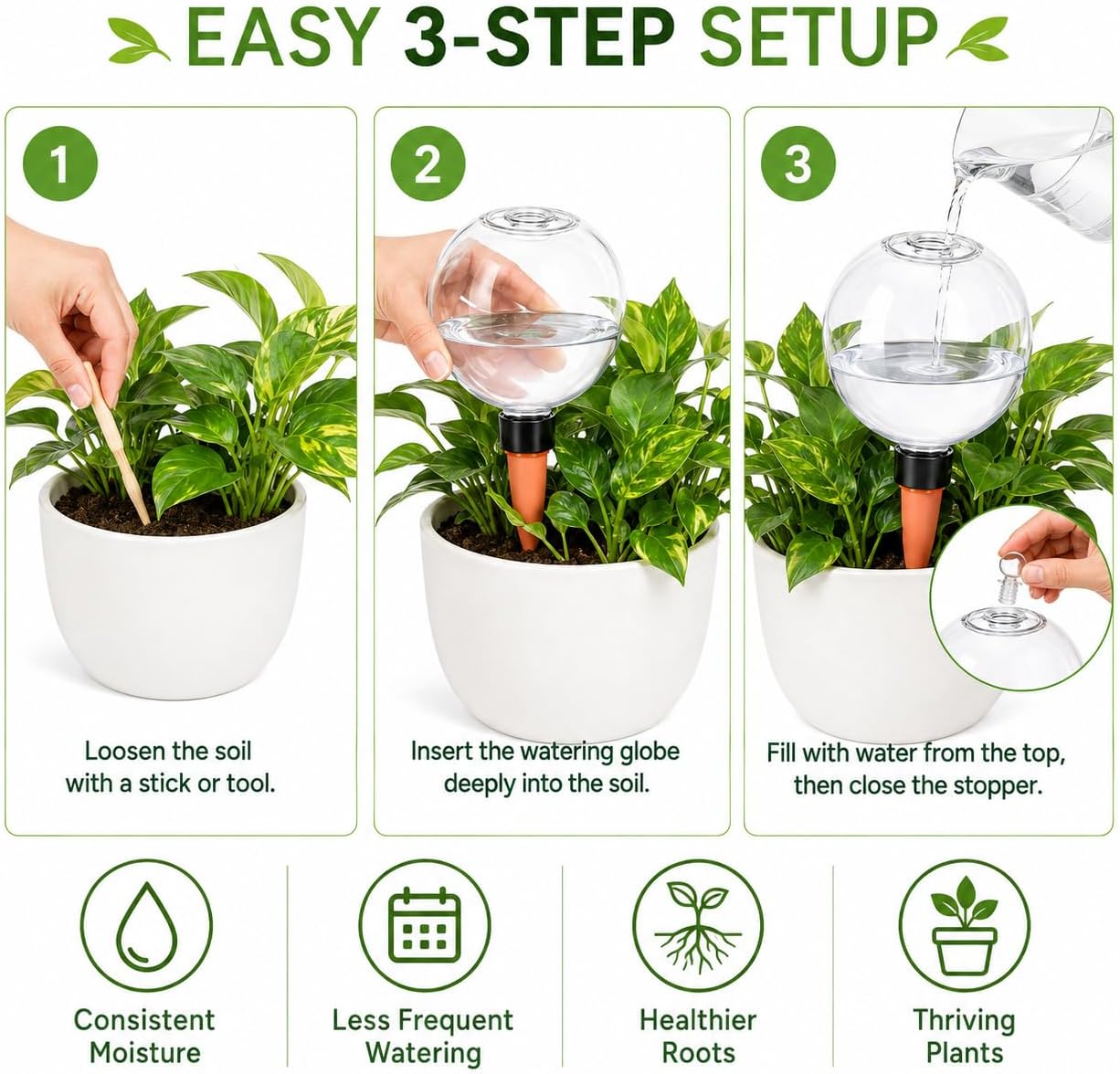 26 oz Large Self Watering Globes, Top Fill Terracotta Spikes, 2 Pack | 750 ml top-fill reservoir with slow-release