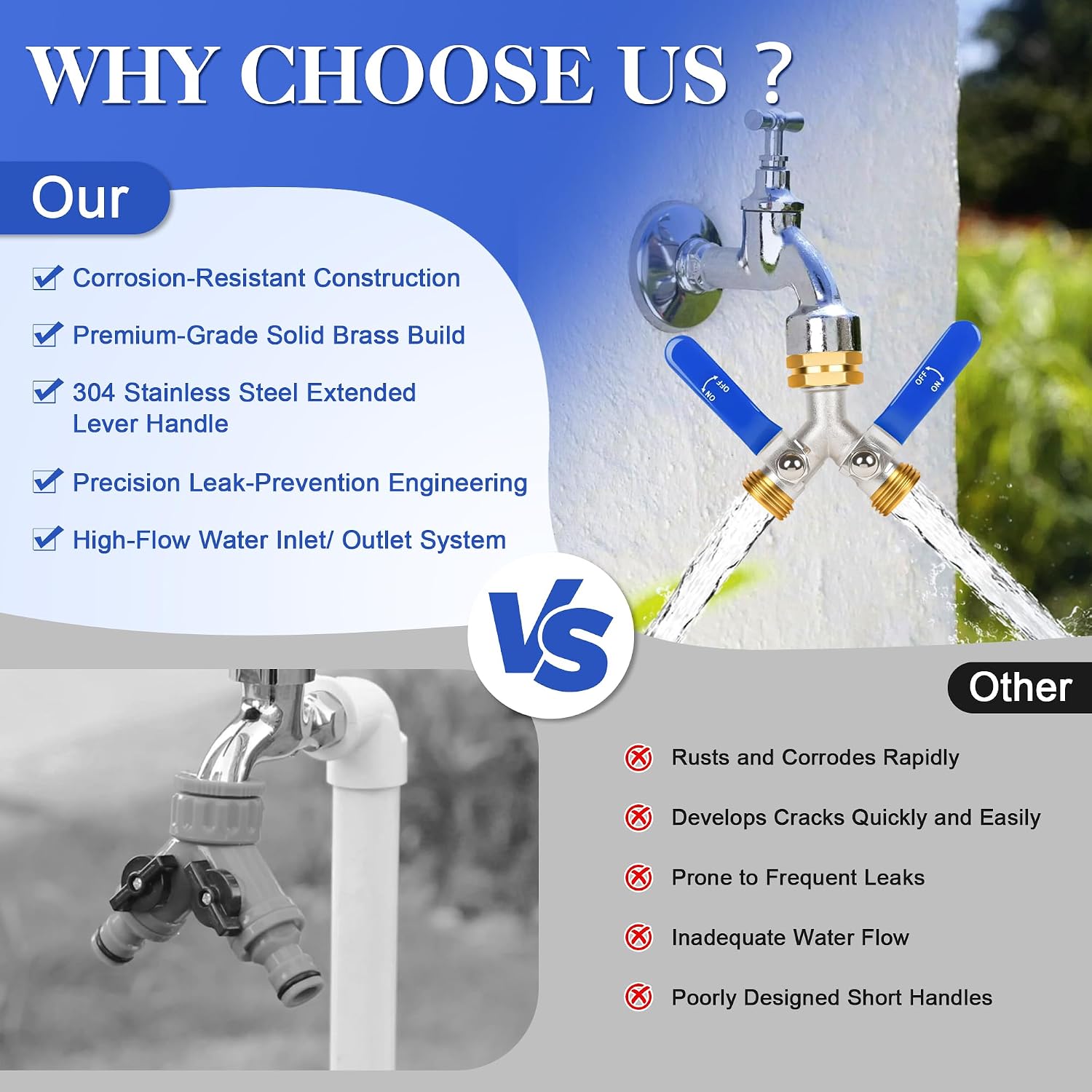 EJW Hose Splitter 2 Way, Brass Garden Hose Splitters, Faucet Splitters. | spigot splitter, hose valves, hose manifold
