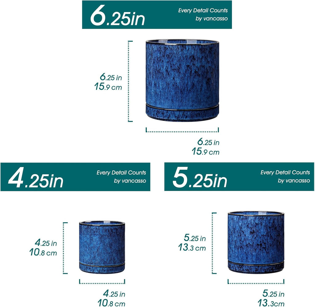 vancasso Ceramic Plant Pots, 3 Piece Planters for Indoor Plants, Blue | 4.25+5.25+6.25 Inch Flower Pots with Drainage