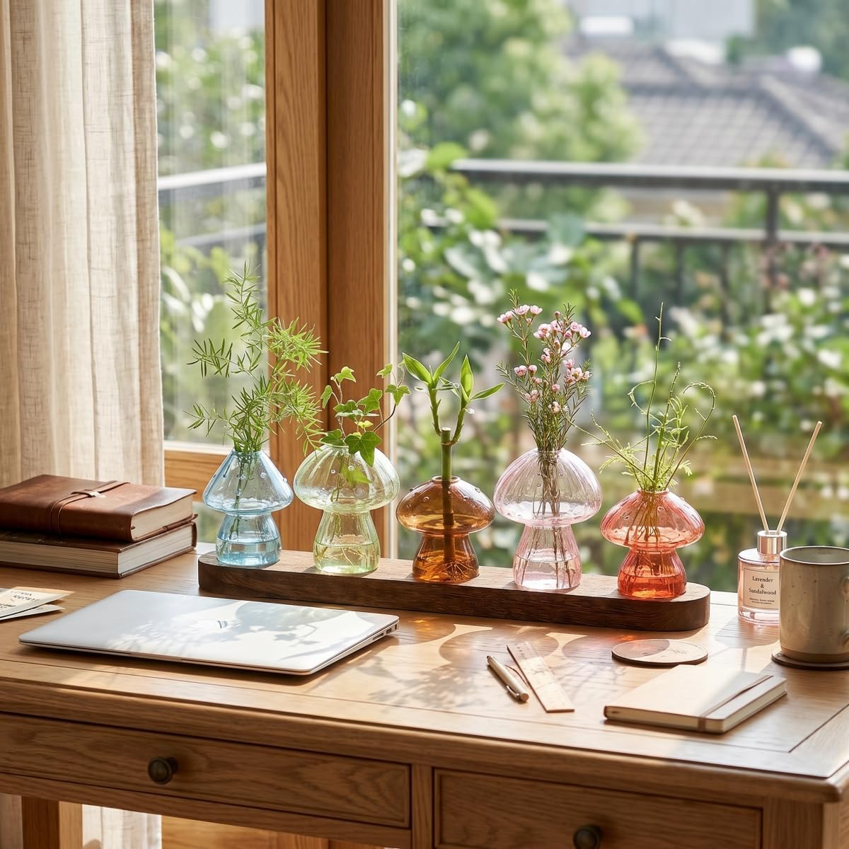 Mushroom Plant Propagation Station, 5 Vases, Wooden Stand | Colored Glass, Hydroponic, Mini Terrarium Planter, Indoor
