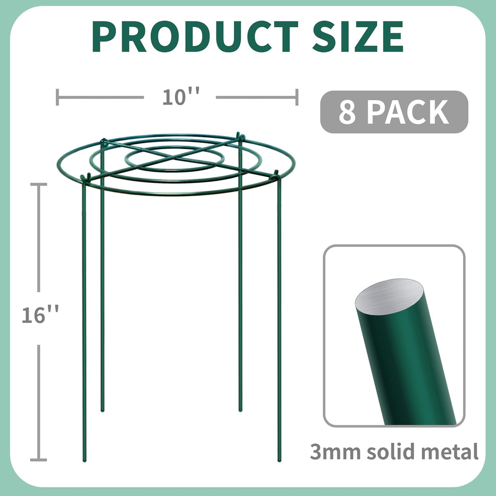 8 Sets Peony Support Cage,Heavy Duty Metal Plant Support Rings with 3.5mm Thickened Legs,10"Dia.x16"High Grow Through