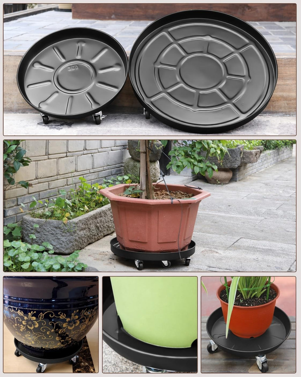 12 Plant Caddy with Wheels, Indoor Outdoor Rolling Caddy, 2-Pack Black | Entirely Made of Metal, 4 x 360° Wheels