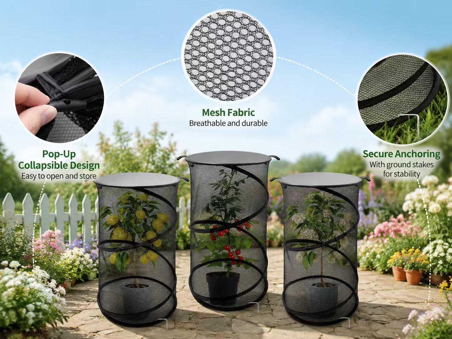 5 Pack Pop Up Insect Barrier Plant Cover, 20''H x 13''D Pop Up Fine Mesh Plant Protector with 24 Stakes 36 Labels Carry