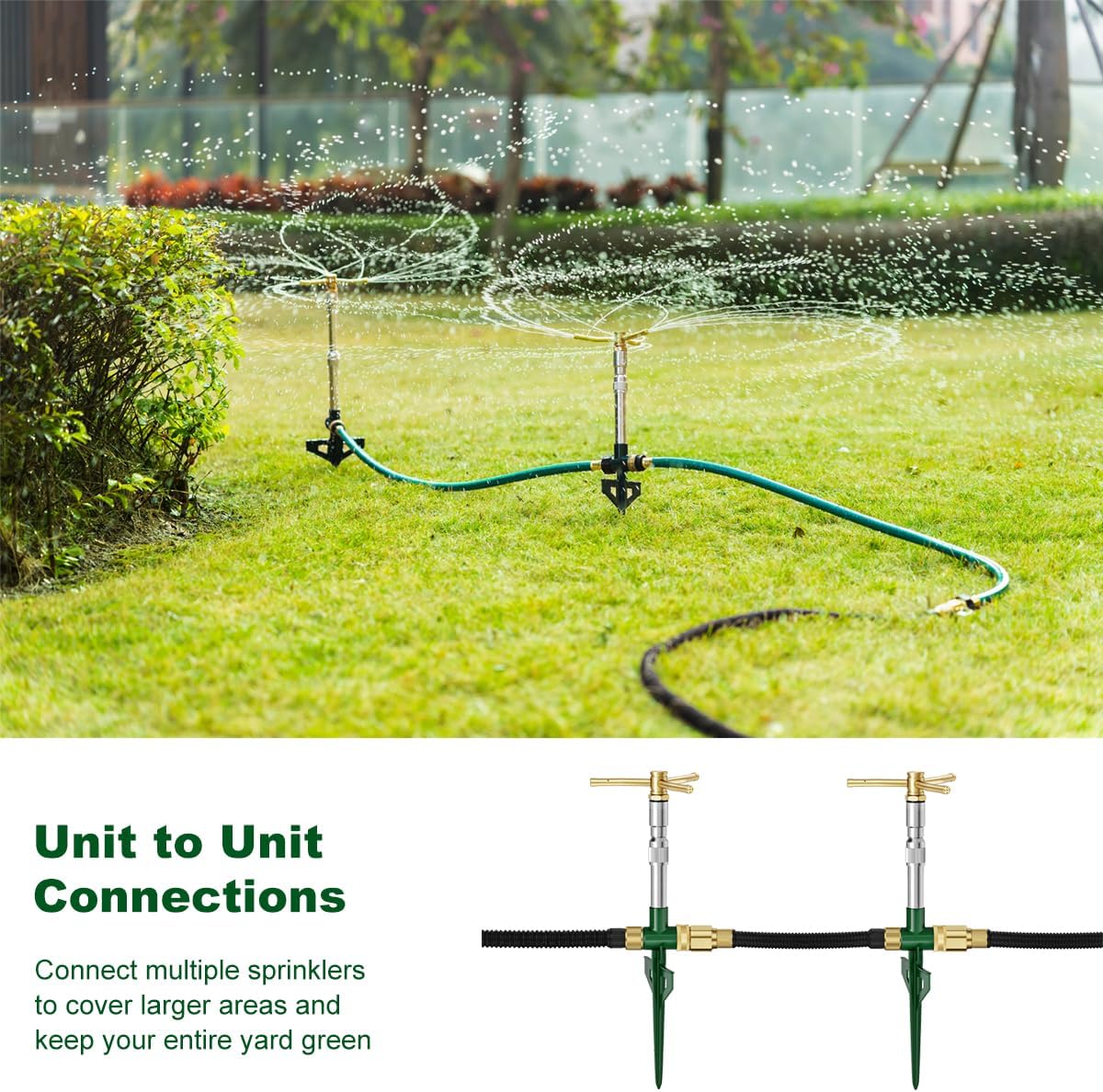 FANHAO 2 Pack Metal Lawn Sprinklers with Adjustable Telescoping Base, 3-Arm Water Sprinkler 360 Degree Rotation