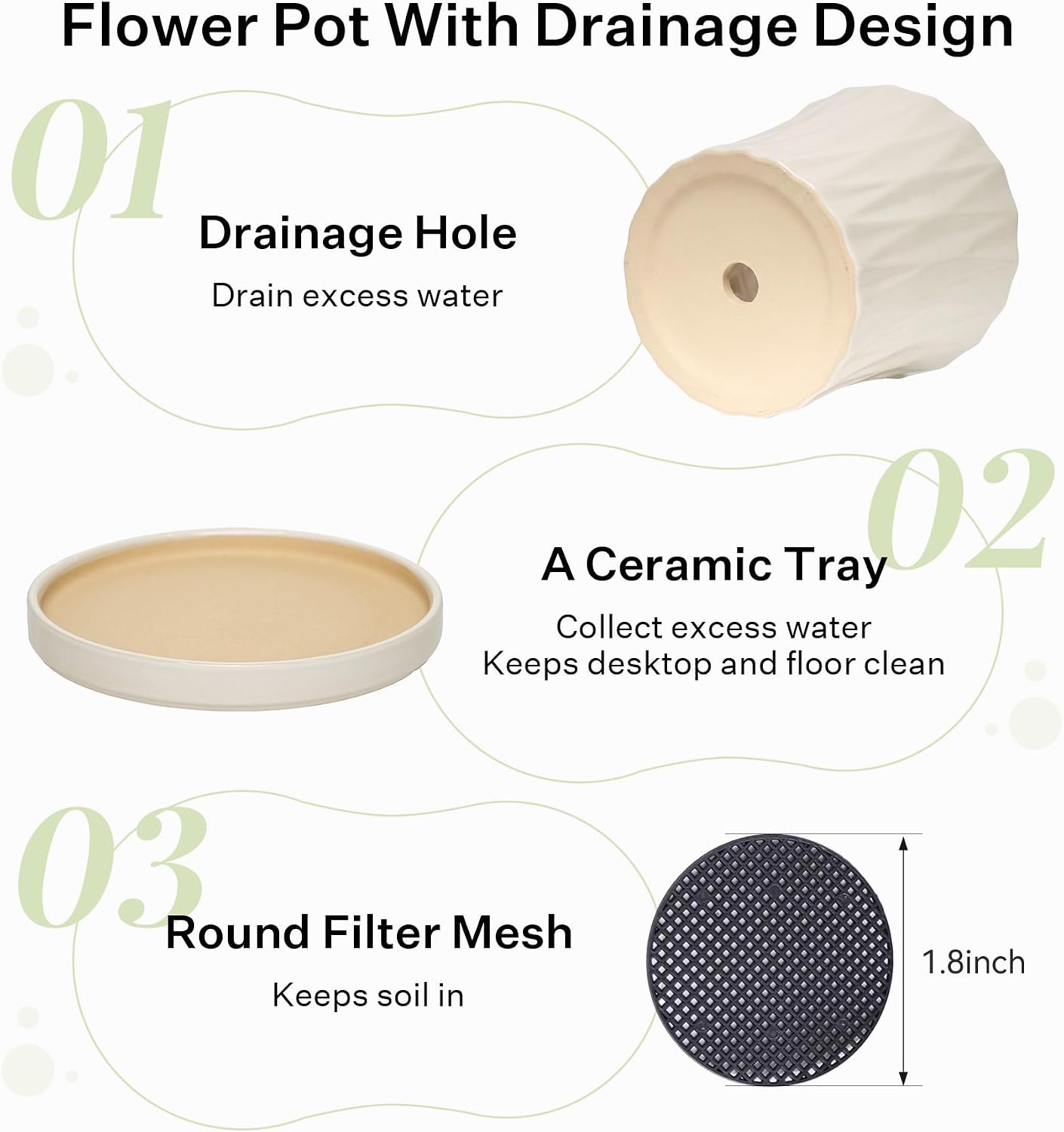 6.6 Inch Ceramic Planters with Drainage Hole and Saucer,Indoor Outdoor Large Flower Pots, Garden Pot for Plant Lovers