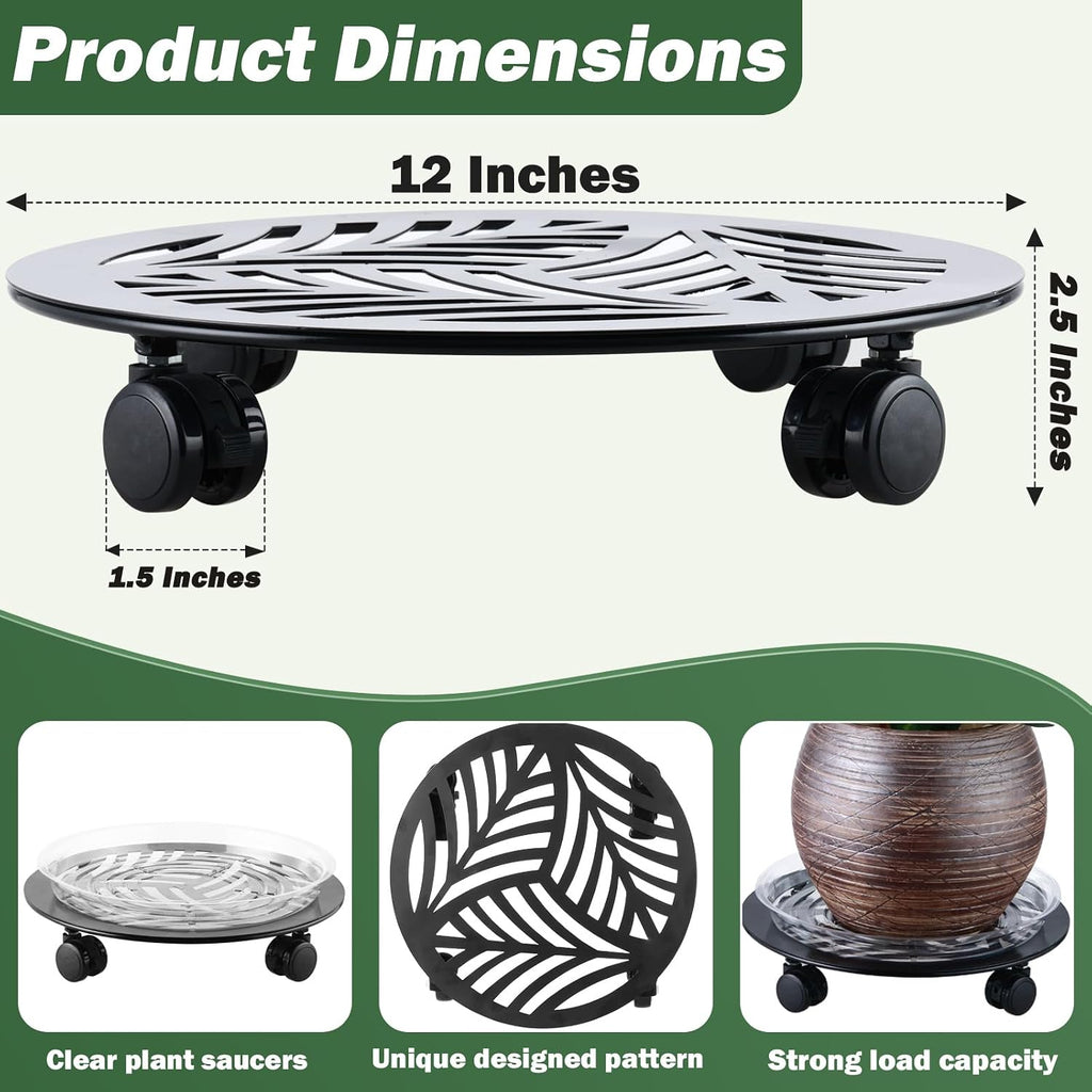 2 Packs Large Metal Plant Caddy with PU Wheels 12" Heavy-Duty Wrought Iron Rolling Plant Stands Indoor Outdoor Wheeled