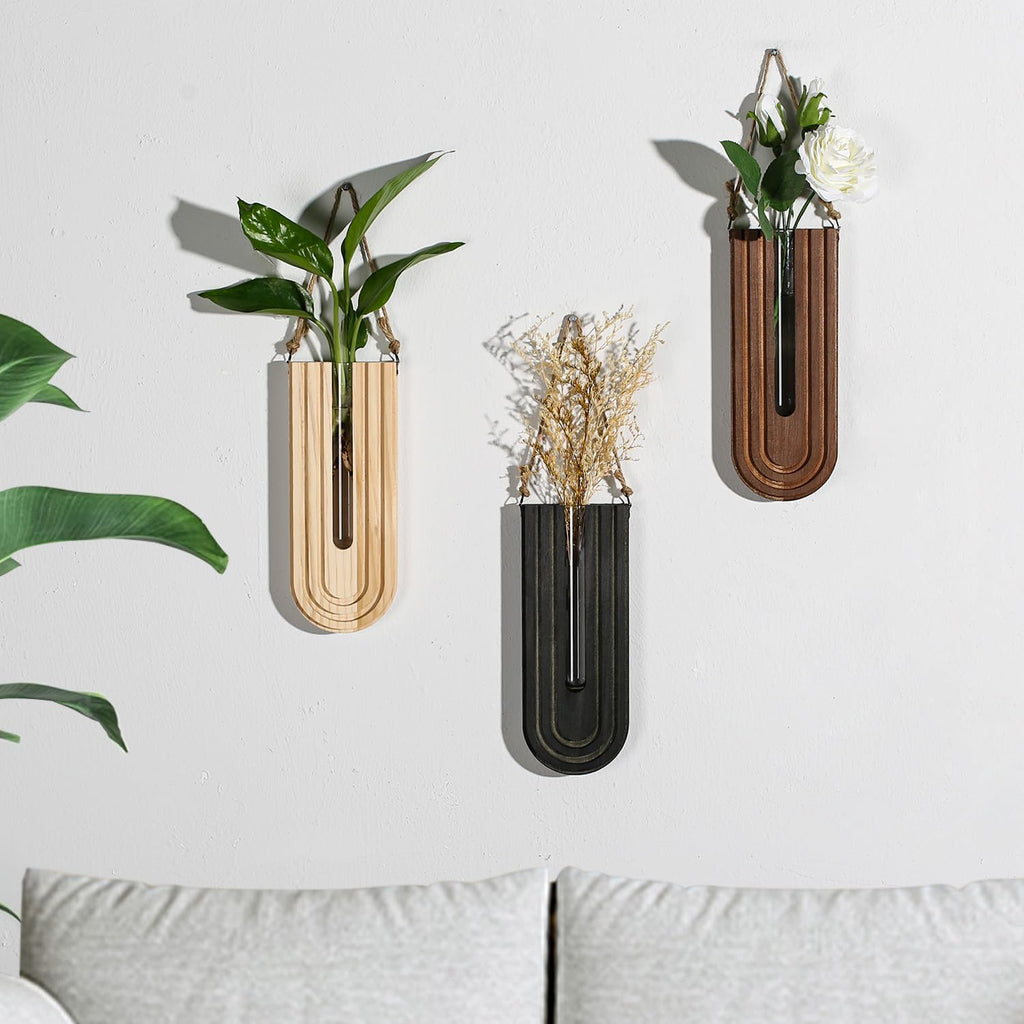 Dnnnii Indoor Wood Wall Planter Set of 3 for Plants - Boho Handmade Hanging Propagation Station with Curved Rainbow