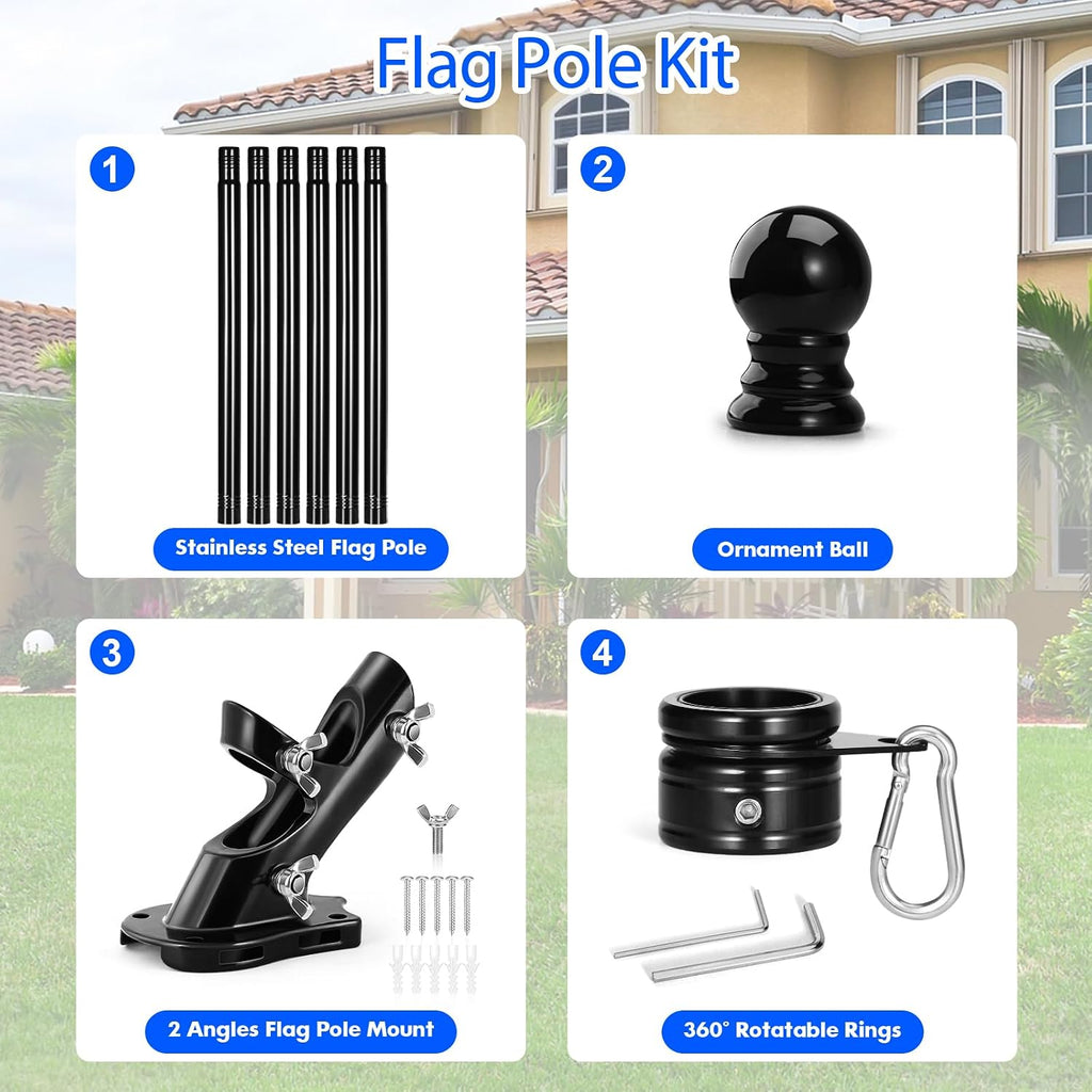 Anovo Flag Pole Kit- Upgraded Holder, Stainless Steel 7 FT Flag Poles with1 Inch Metal 360° Rotating Flag Pole Rings