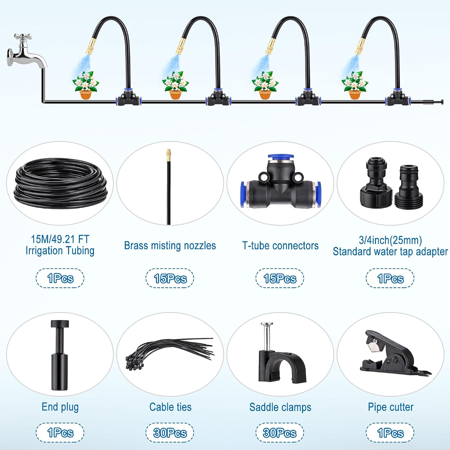 Drip Irrigation Kits Automatic Garden Irrigation System 360° Bending Nozzle | Includes 50FT 5/16 inch Irrigation Tubing