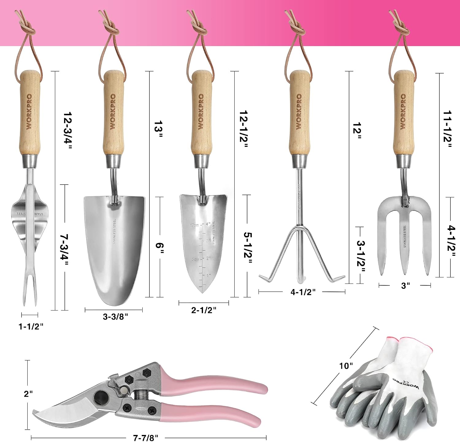 WORKPRO 8-Piece Pink Garden Tool Set - Pink | Stainless Steel, Wood Handle, Including Garden Tote, Gloves, Trowel, Hand