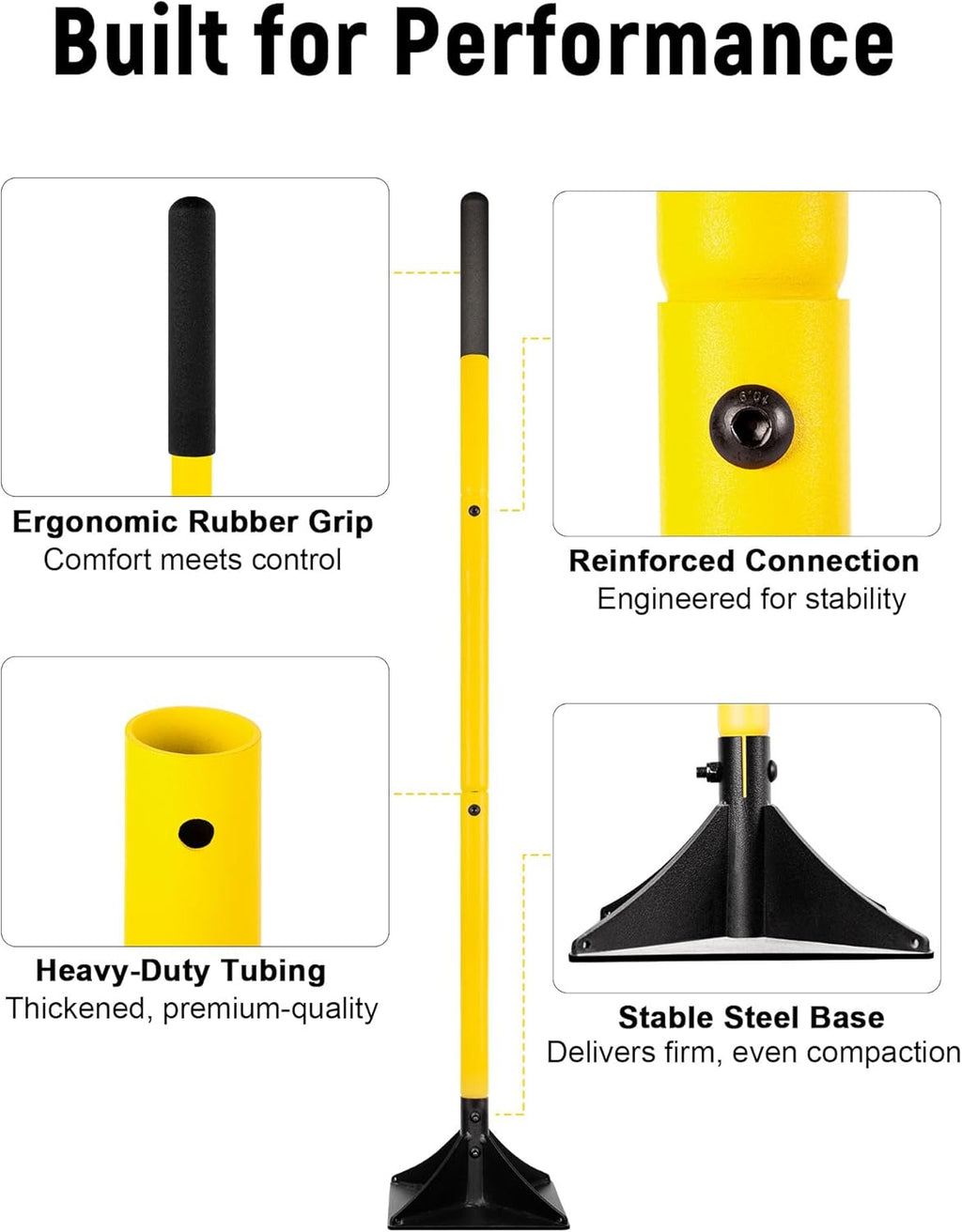 10"x10" Steel Tamper with 48" Handle, Heavy Duty Hand Compactor Tool for Leveling Soil, Gravel, Sand, Asphalt, Ground