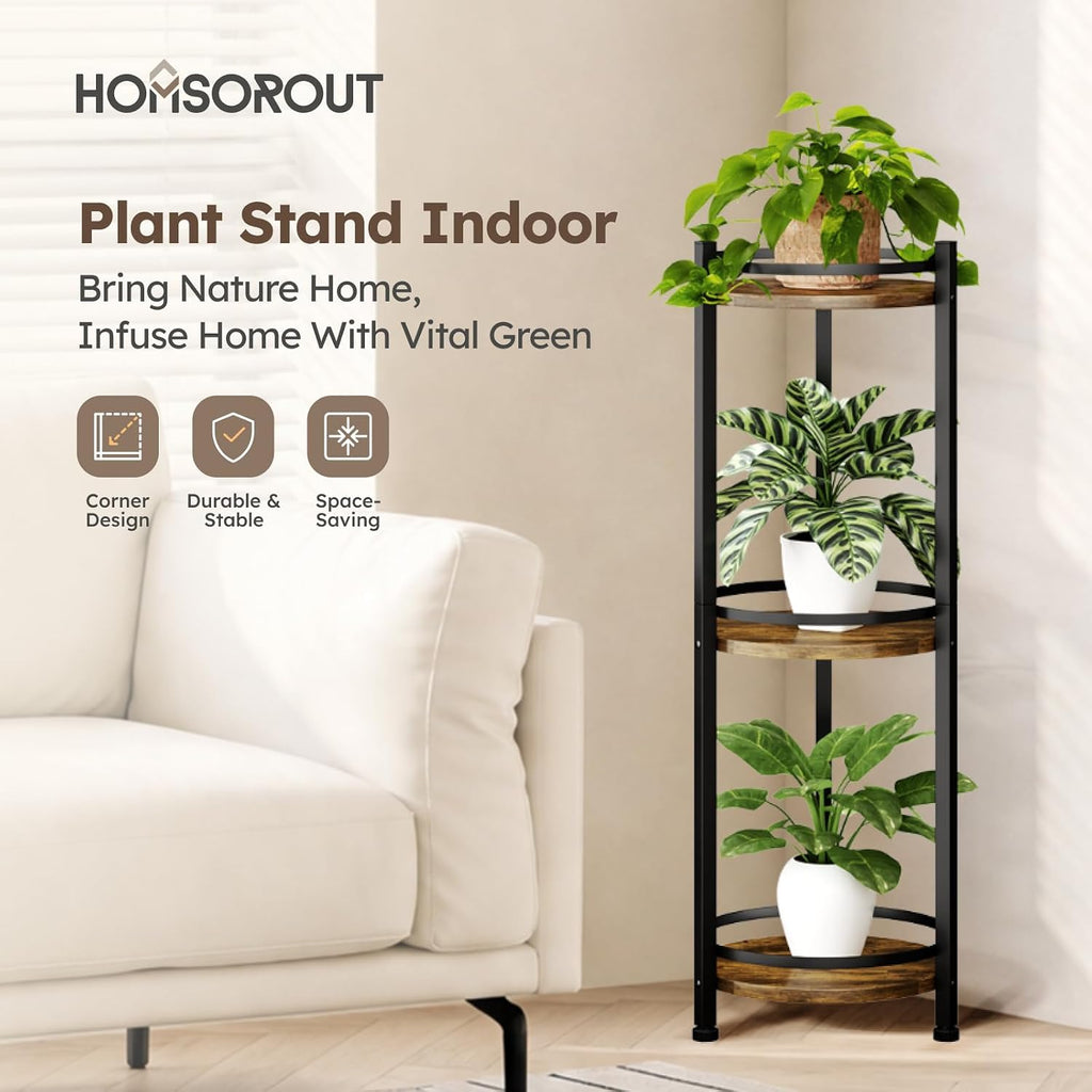 3 Tier Plant Stand Indoor Outdoor for Corner, Rustic | Tall Wood & Metal Plant Shelf, Rustproof Stable Flower Pot