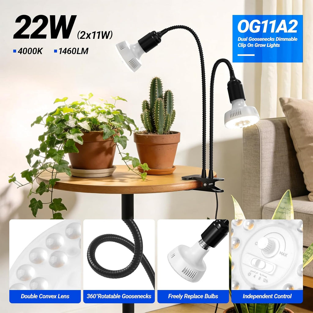Barrina OG11A2 Clip On Grow Light for Indoor Plants, 4000K 22W(2 x 11W) | Integrated Stepless Dimming & Timing, Full