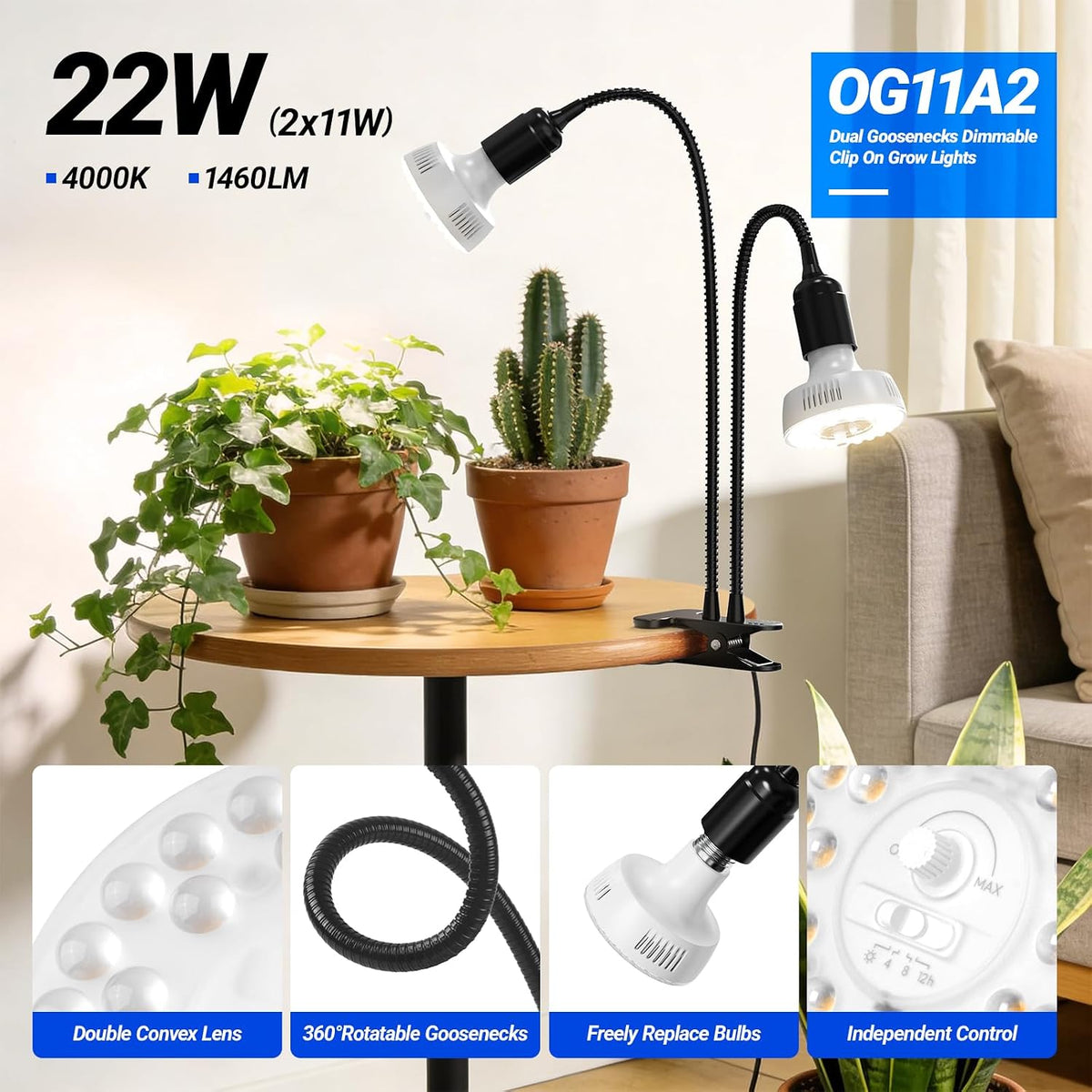 Barrina OG11A2 Clip On Grow Light for Indoor Plants, 4000K 22W(2 x 11W) | Integrated Stepless Dimming & Timing, Full
