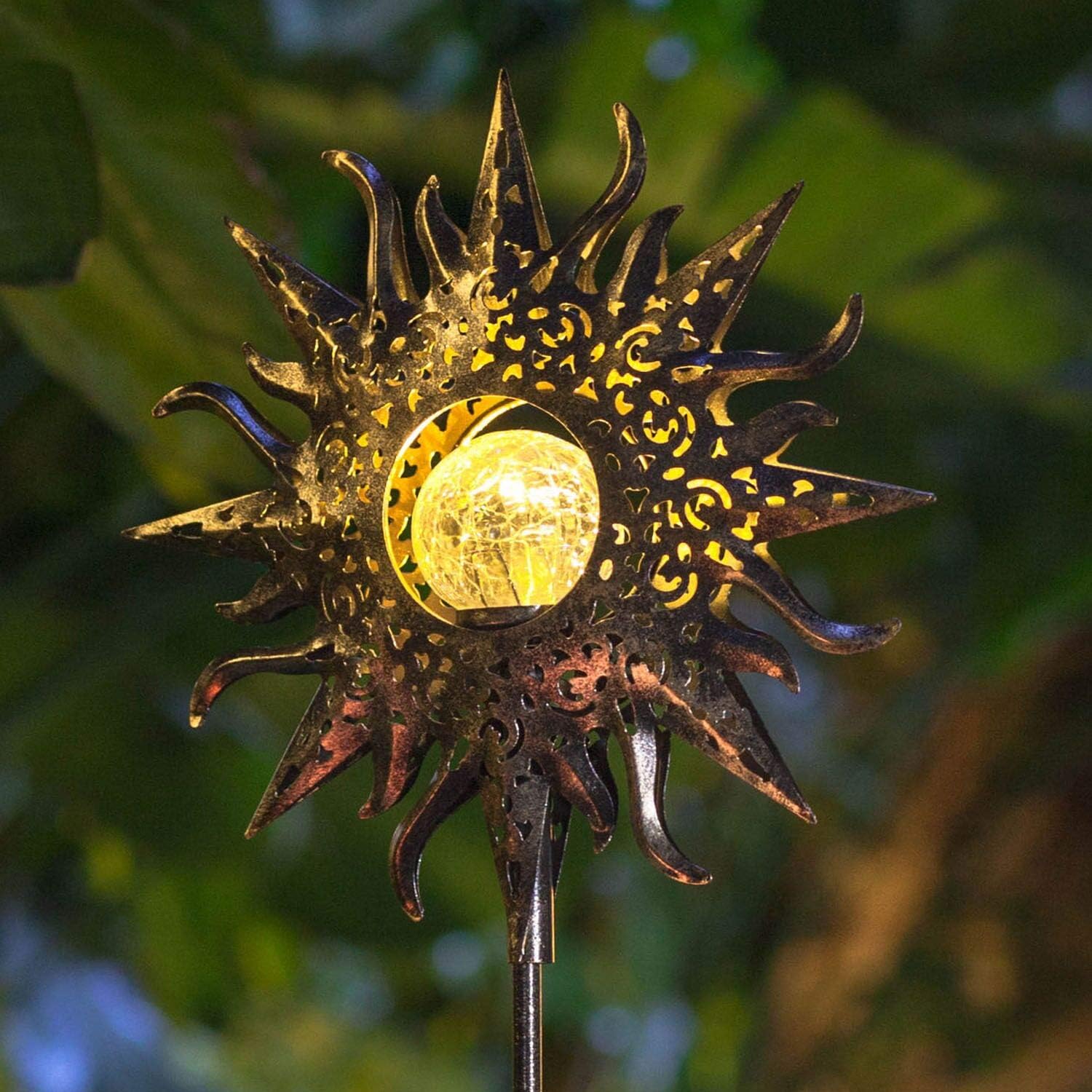 Large Sun Solar Garden Decor Lights Outdoor Garden Gifts Mom Dad, Crackle Glass Metal Stake Backyard Decor, Waterproof