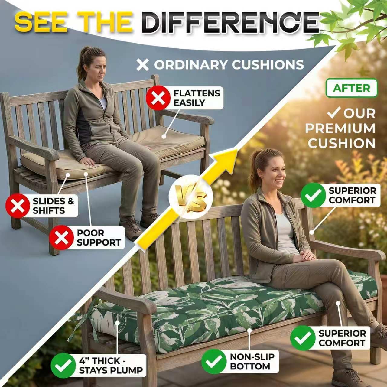 Outdoor Bench Cushion, Tufted Patio Seat Pad for Garden Bench, Porch Swing, Indoor/Outoor Furniture (Green Tulip