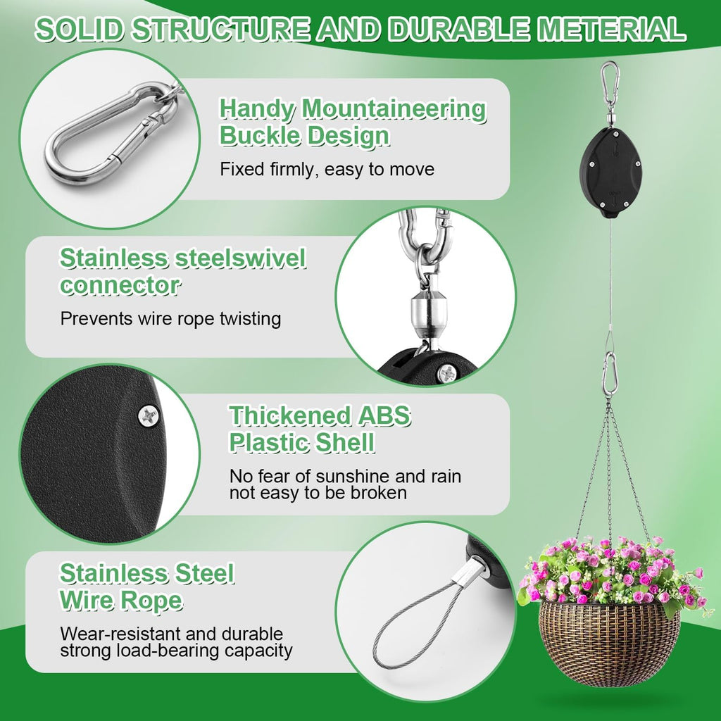 4 Pack Heavy Duty Plant Pulley, Retractable Plant Hanger with Steel Rope | 63" Stainless Steel Rope, Quick Lock