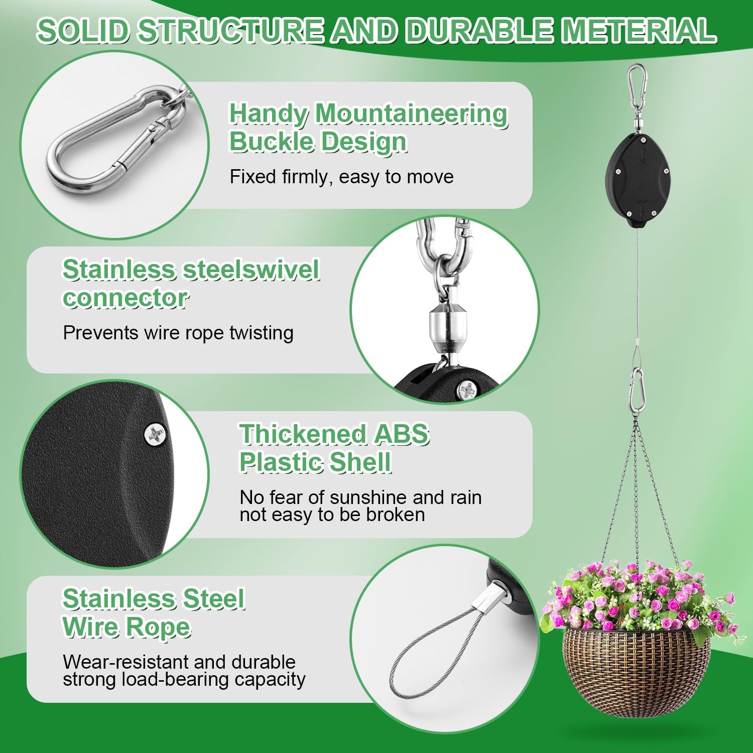 4 Pack Heavy Duty Plant Pulley, Retractable Plant Hanger with Steel Rope | 63" Stainless Steel Rope, Quick Lock