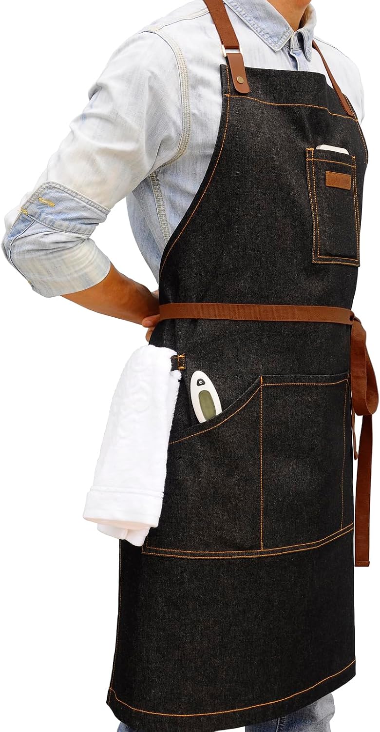 Black Kitchen Apron with Pockets & Towel Loop for Men Women, Denim | Professional for Chef Cooking BBQ Grill Gardening