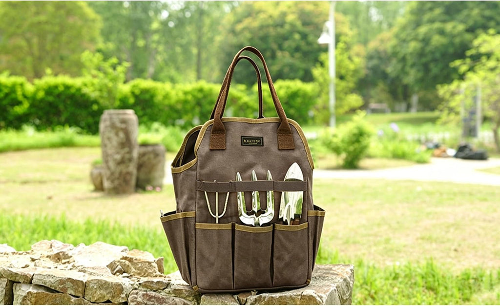 Canvas Garden Tool Bag, 16OZ Waxed Canvas Garden Tools Storage Tote - with 3 Inner Slots + 8 Outer Pockets