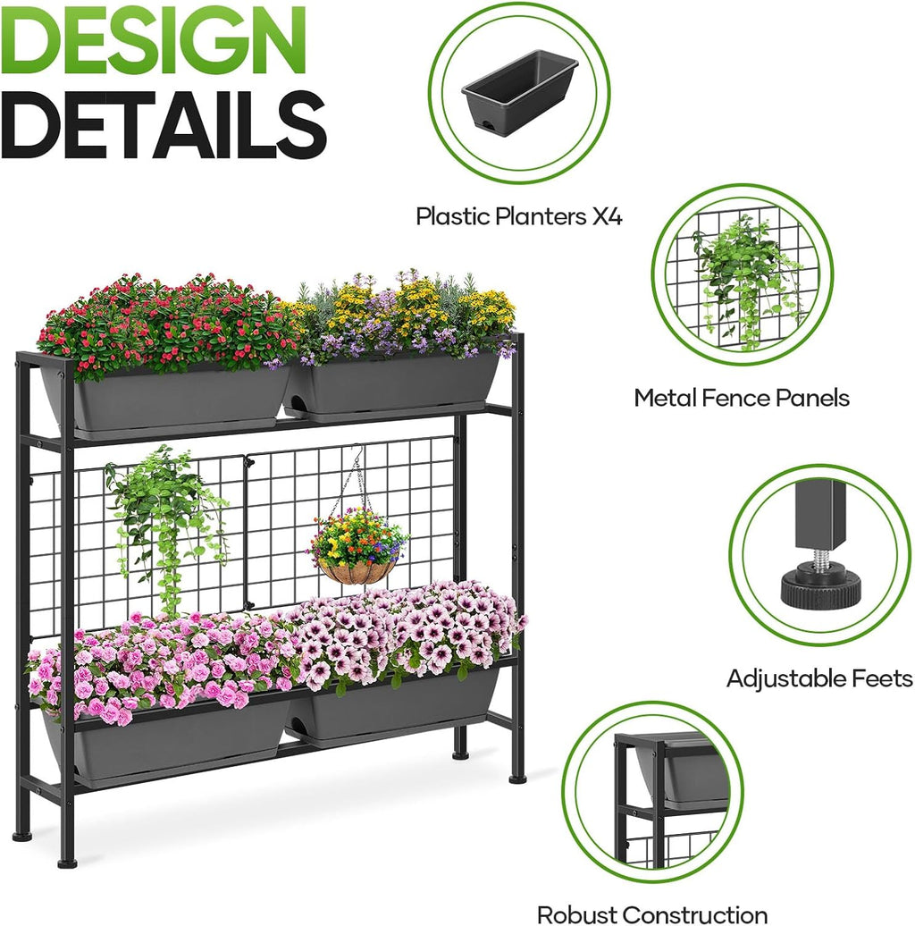 CADUKE Raised Planter Box, Plastic Raised Garden Bed with Legs, Standing Planter Box with Drainage Holes & Trellis, 32"
