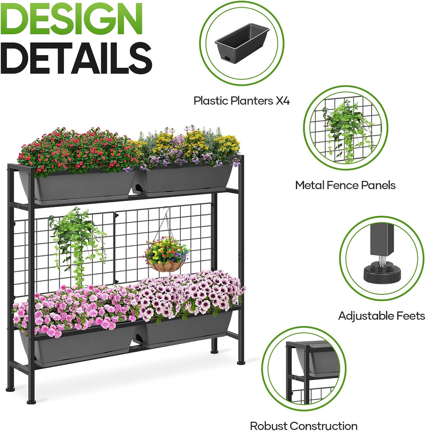 CADUKE Raised Planter Box, Plastic Raised Garden Bed with Legs, Standing Planter Box with Drainage Holes & Trellis, 32"