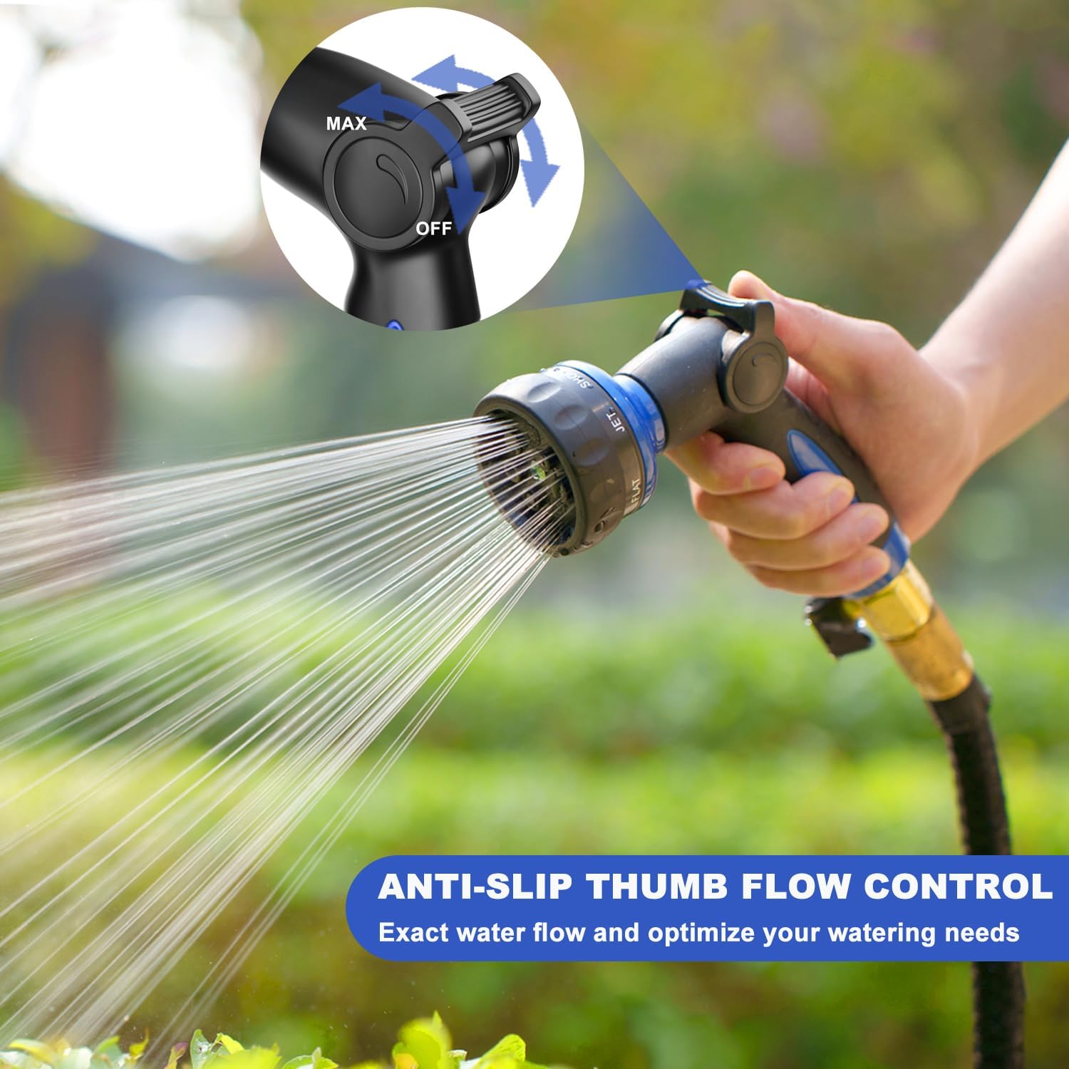 HOSUN Heavy Duty Garden Hose Nozzle, Adjustable Metal Water Sprayer, Blue | 7 Spray Patterns, Thumb Control, Ergonomic