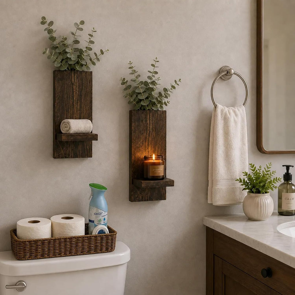 Wood Wall Decor Set of 2, Farmhouse Wall Planter for Small Spaces | wall vase and candle sconce in one, eucalyptus and