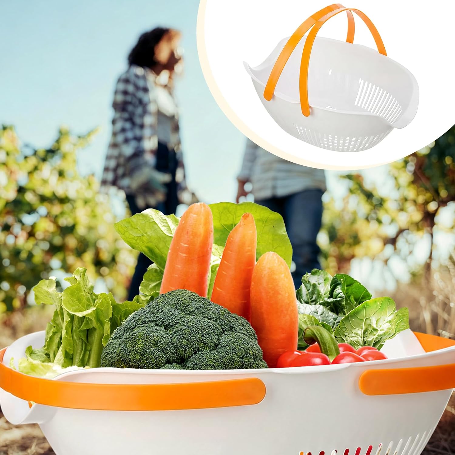 Nuogo 3 Pcs Garden Harvest Basket with Dividers Tool Caddy,White | Removable Partitions, Doubles Colander for Veggies