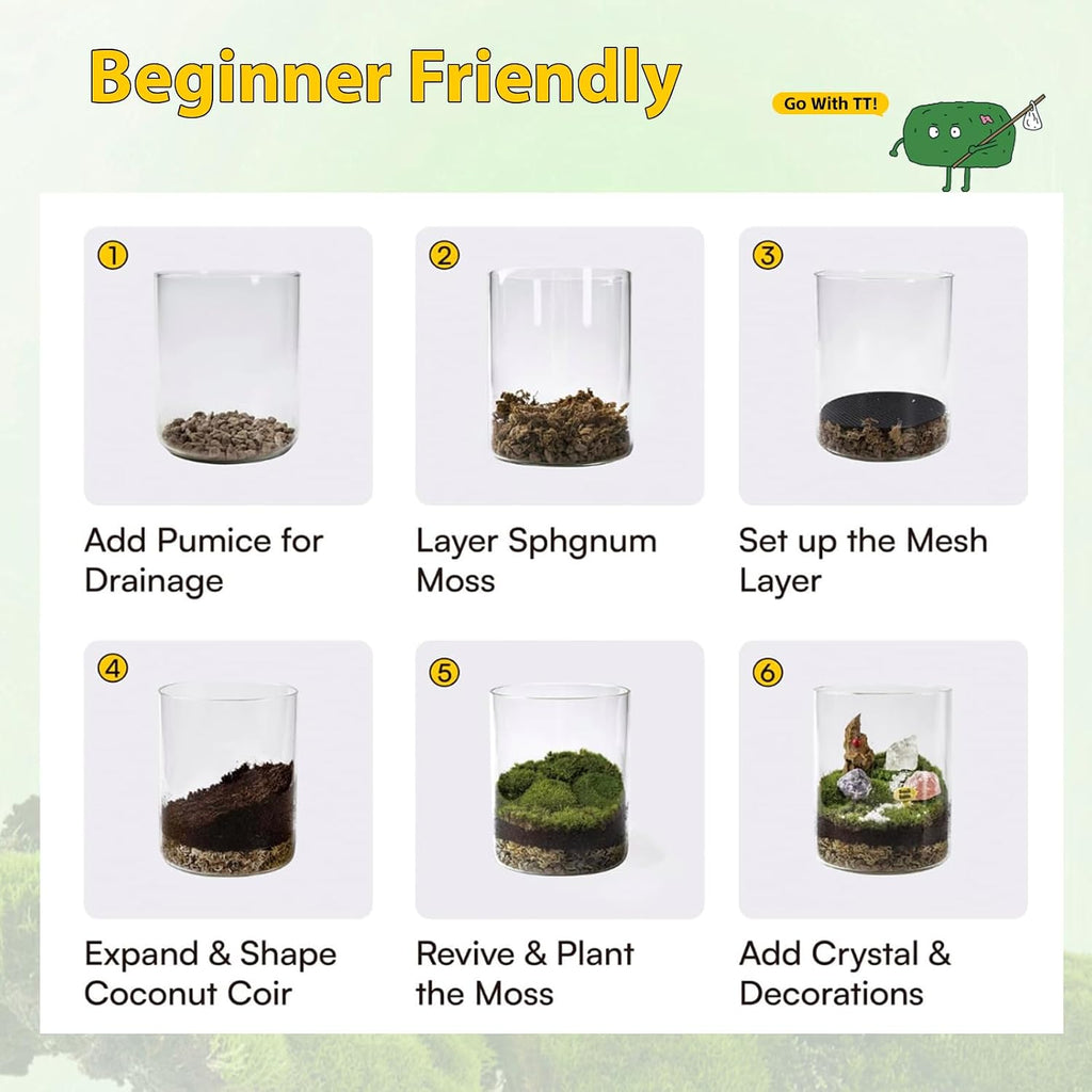 DIY Crystal Terrarium Kit - 21-Pieces All-In-One Starter Kit with Preserved Moss, Pumice, Crystals, Coconut Coir, Tools