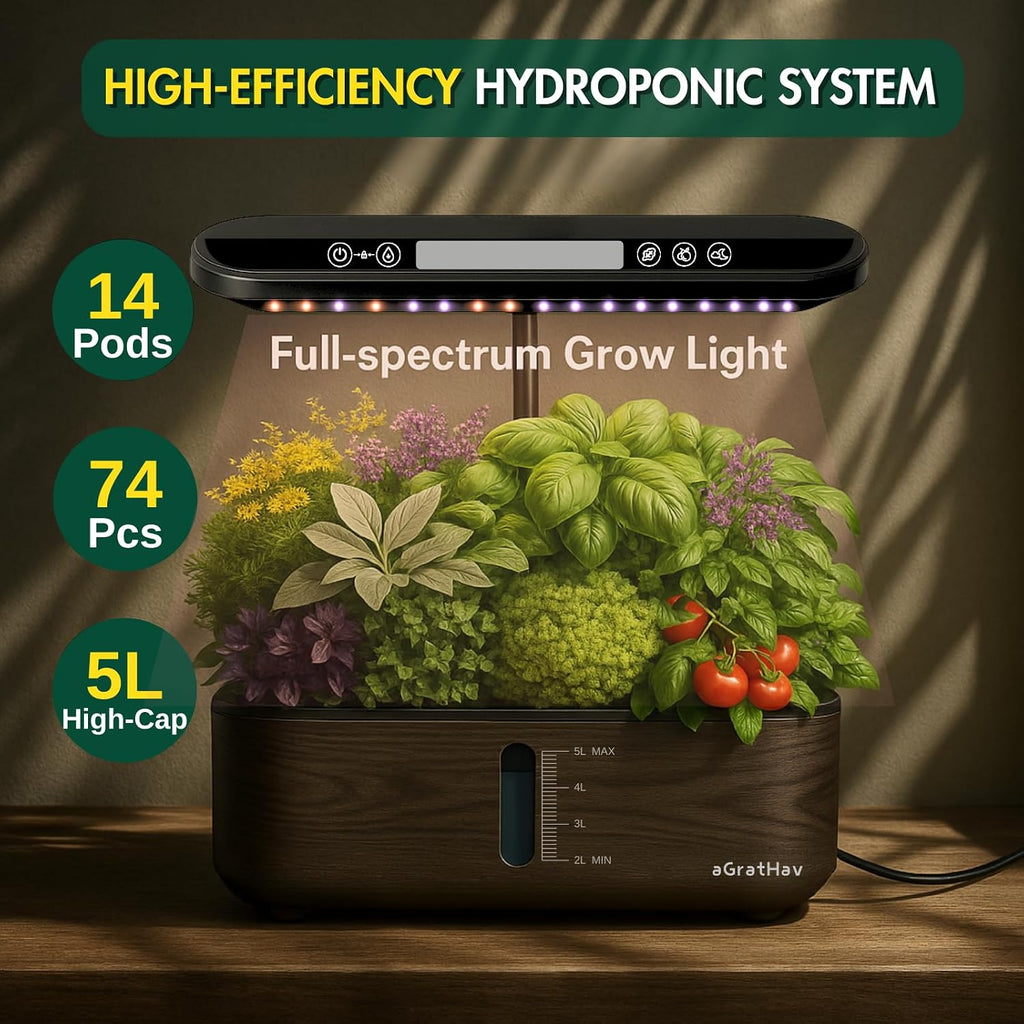Hydroponics Growing System Kit, Indoor Herb Garden, 14 Pods Upgraded LCD Display, LED Grow Light Quiet Smart Water Pump