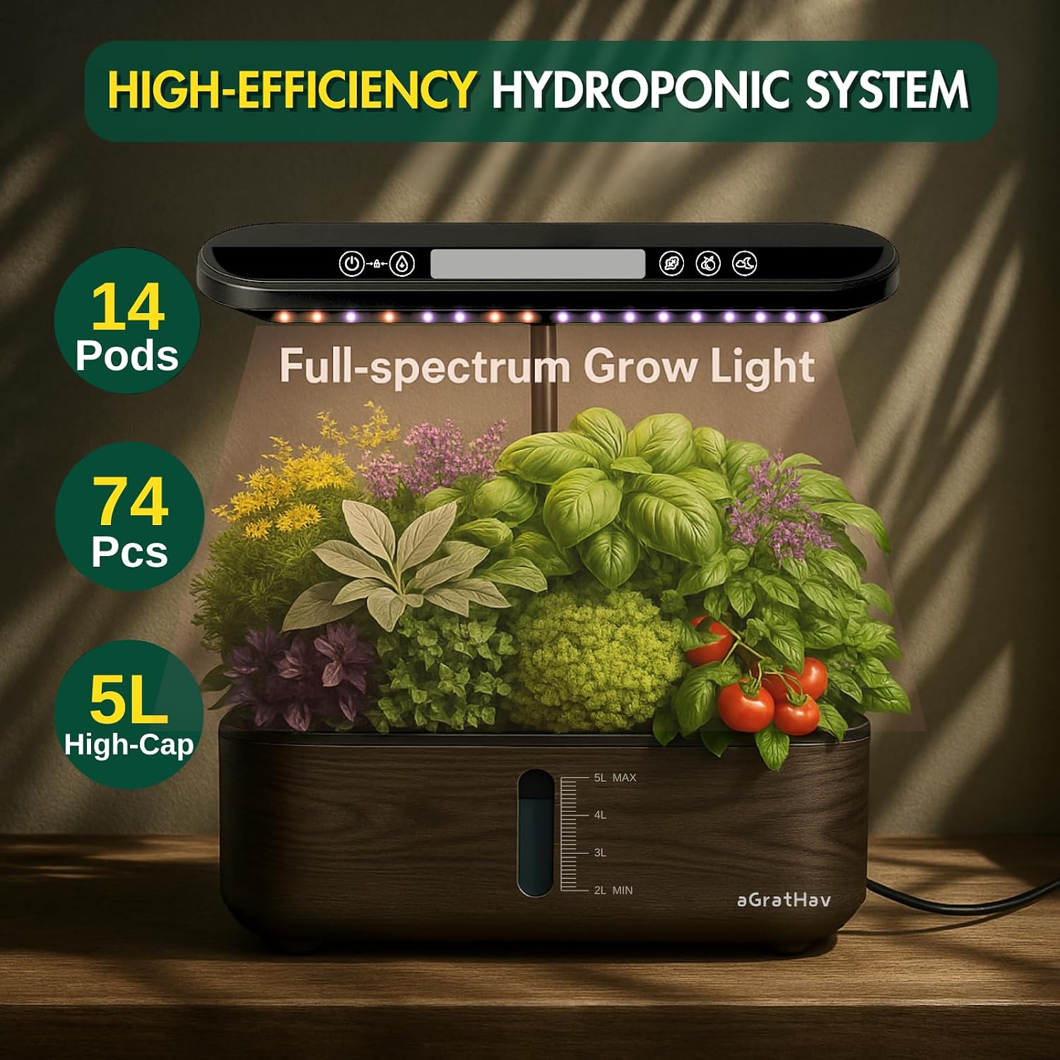 Hydroponics Growing System Kit, Indoor Herb Garden, 14 Pods Upgraded LCD Display, LED Grow Light Quiet Smart Water Pump