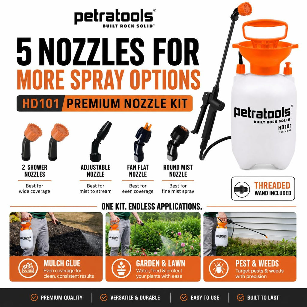 PetraTools HD101 Pro Kit - Pump Sprayer 1 Gallon, 52-in Hose & 5 Nozzles | 1 Gal Weed Sprayer w/ Easy Carry Handle &