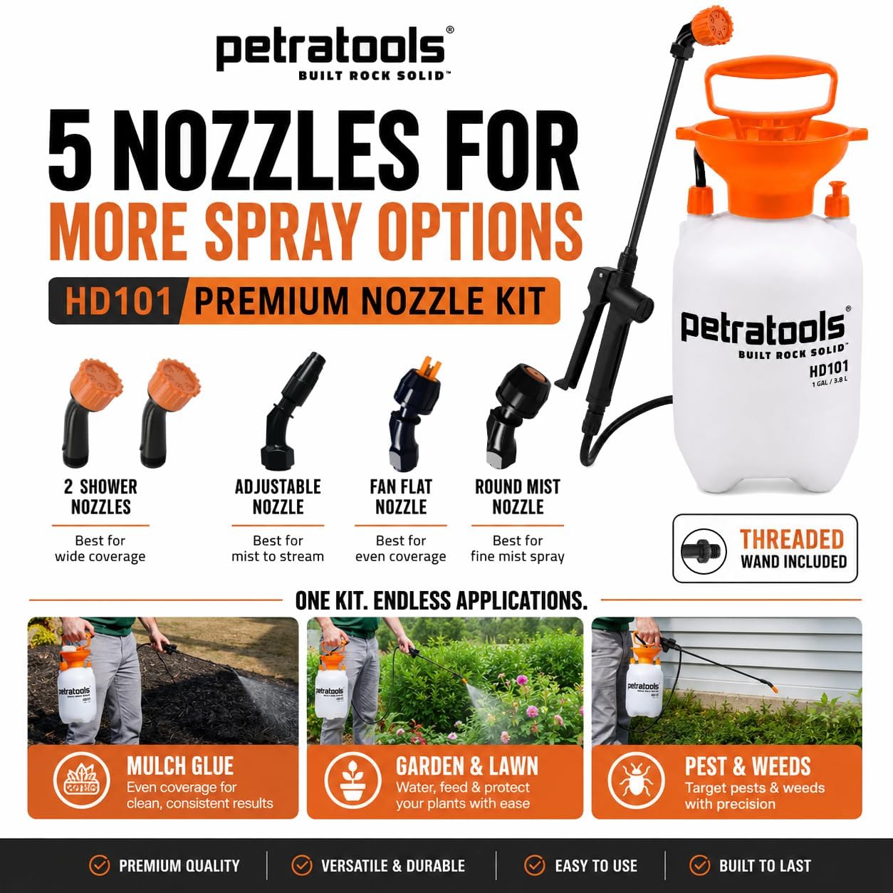 PetraTools HD101 Pro Kit - Pump Sprayer 1 Gallon, 52-in Hose & 5 Nozzles | 1 Gal Weed Sprayer w/ Easy Carry Handle &
