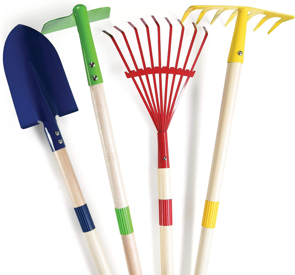 Play22 Kids Garden Tool Set Toy 4-Piece - Shovel, Rake, Hoe, Leaf Rake, Wooden Gardening Tools for Kids Best Outdoor