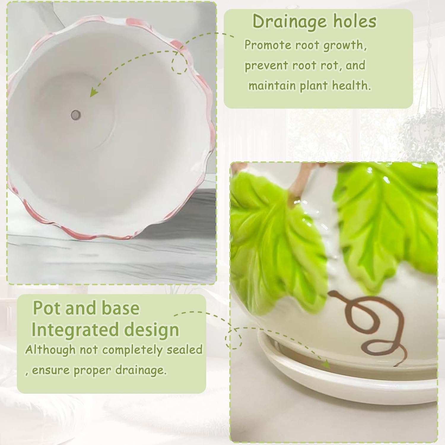 3 Piece Ceramic Plant Pots with Drainage Hole and Saucer,6.7/5.1/3.9inch,Modern Decorative Planters for Indoor