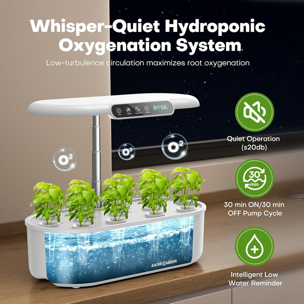 Hydroponics Growing System with 12 Pods, Indoor Garden Kit with LED Grow Light & LCD Temp Humidity Display, Smart Quiet