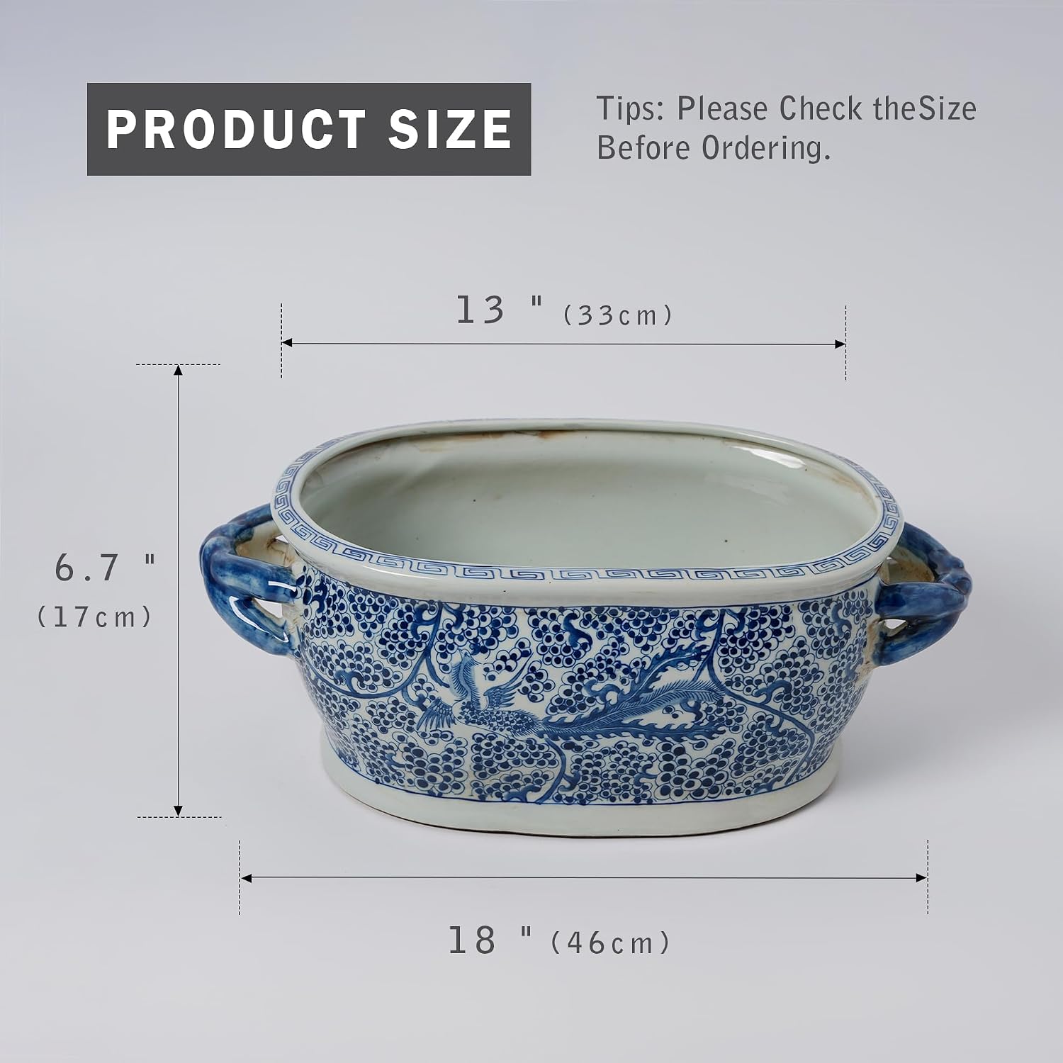 JINDEZHEN Vintage Blue and White Flower & Birds Porcelain Footbath Planter Chinoiserie Scenery Motif Ceramic Flower Pot
