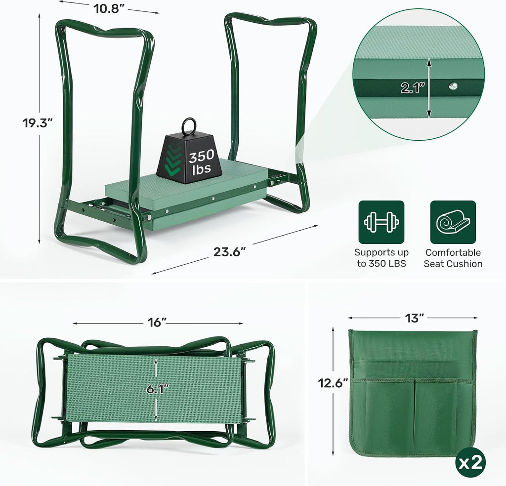 Garden Kneeler and Seat with 2 Tool Pouches for Gardening Work | 350lbs Max Load Alloy Steel Frame, 10.23in Wide EVA