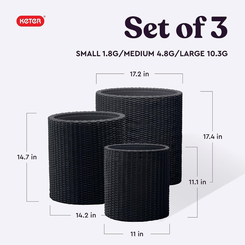 Keter Cylinder Set of 3 Rattan Resin Planter for Indoor and Outdoor Plants Ideal Decorative Planter for Porches and