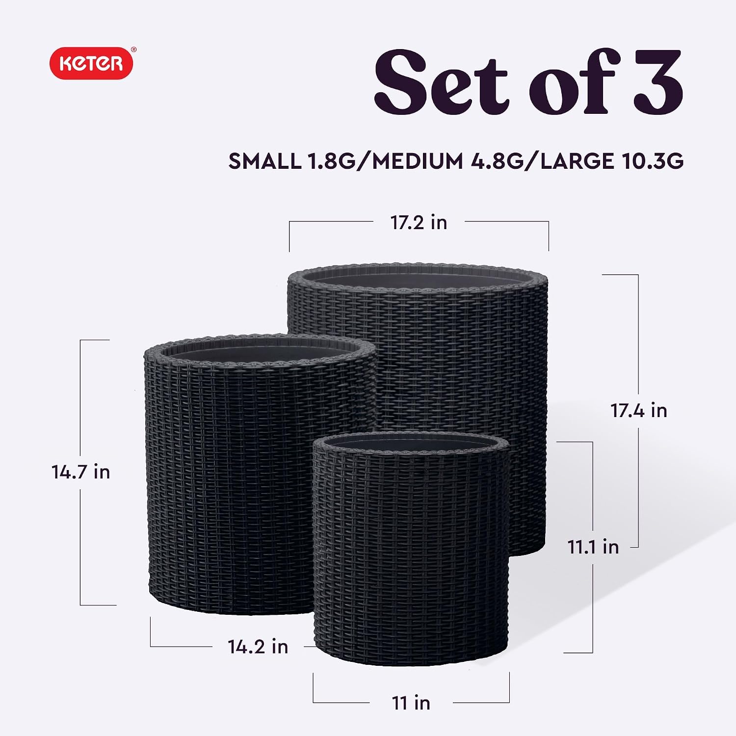 Keter Cylinder Set of 3 Rattan Resin Planter for Indoor and Outdoor Plants Ideal Decorative Planter for Porches and