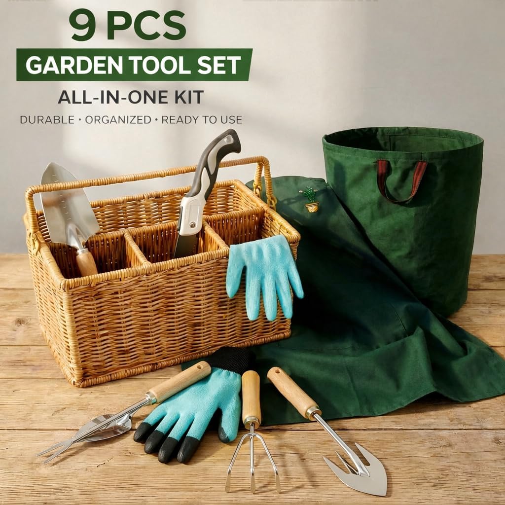 Garden Tool Set, Wicker Basket, Raised Bed Gardening, Women's Garden Gift | All-in-one gardening kit, wooden-handle