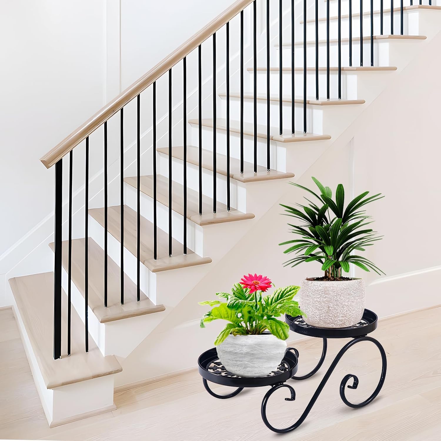 2 Tier Black Plant Stand, Metal Flower Stand Indoor Outdoor | Anti-Rust Iron Plant Shelf, Round Flower Pot Stands for