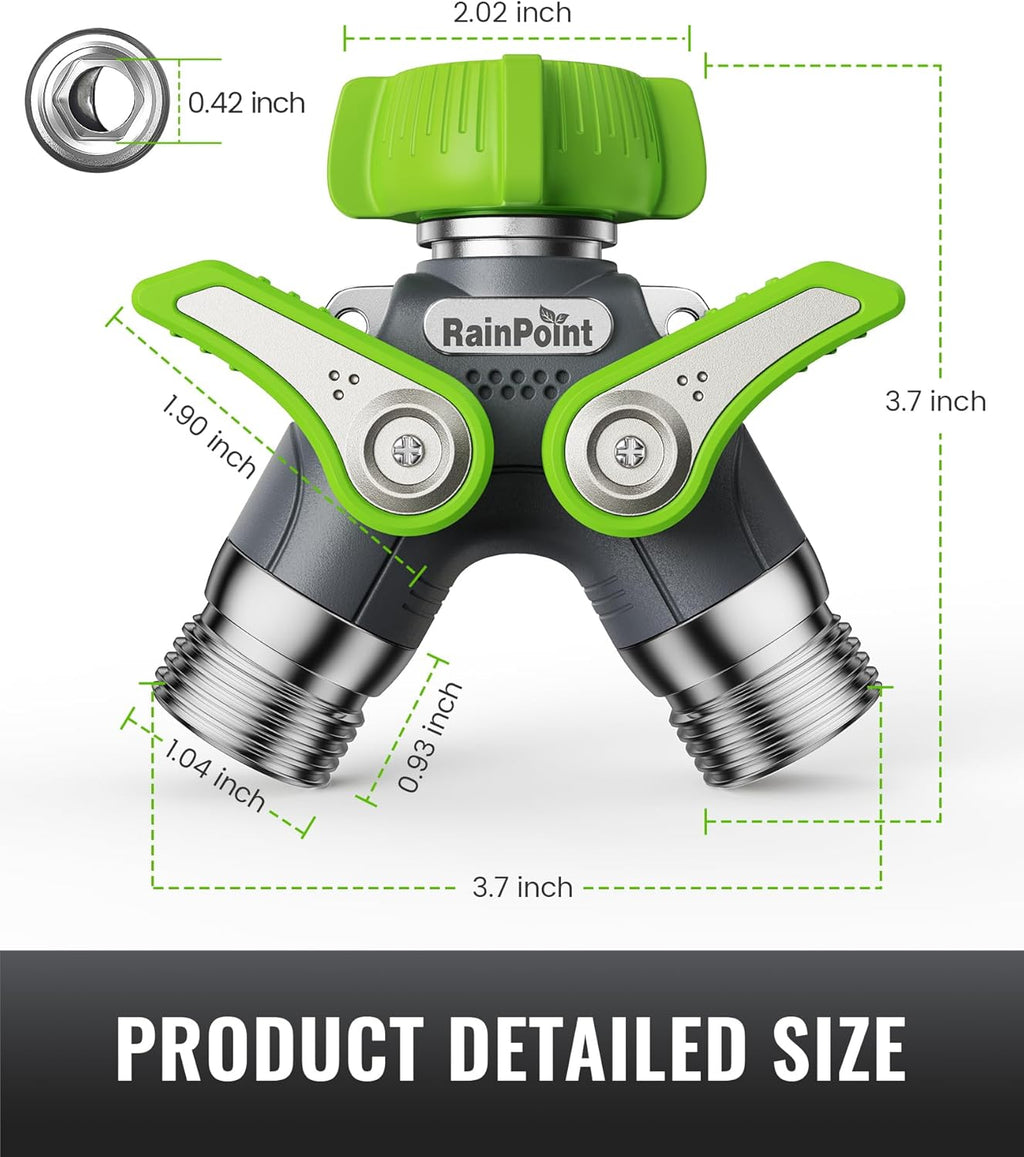 RAINPOINT Garden Hose Splitter, 2 Way Heavy Duty Water Hose Y Spigot Splitter with Shutoff Valves, 100% Metal Body
