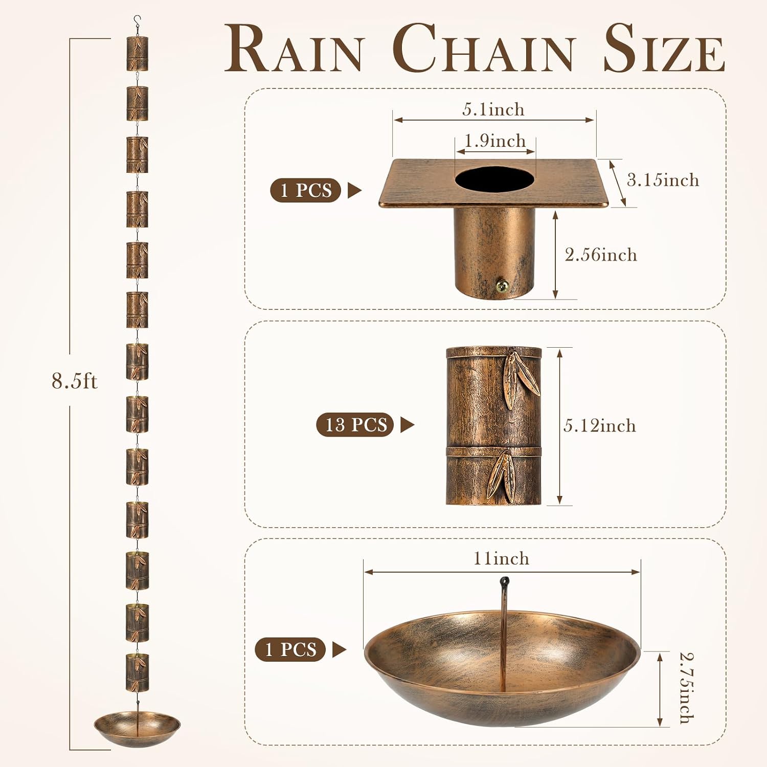 8.5ft Rain Chain for Gutters Outside Splash-Proof with Anchor Basin Copper Color Bamboo Sign 13 Cups Rain Chain Catcher