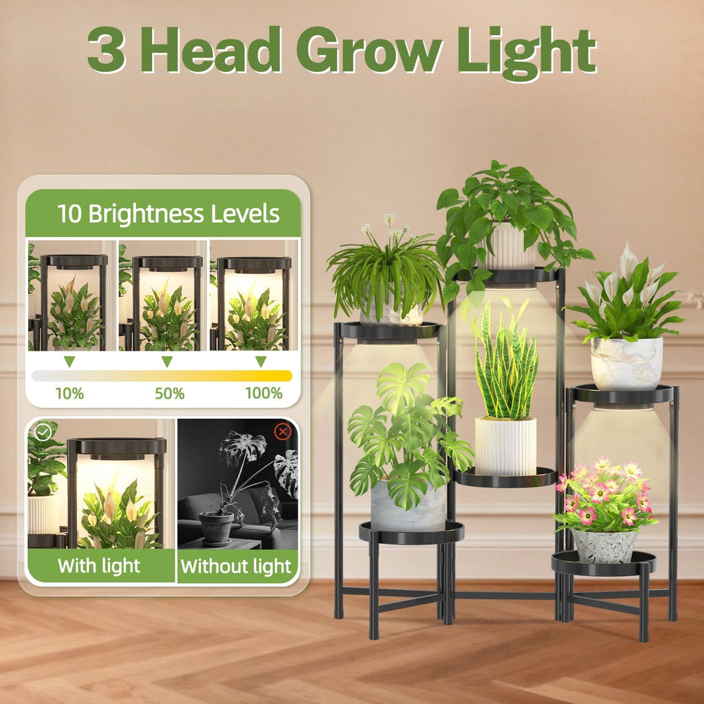 iDavosic.ly Plant Stand Indoor with Grow Lights, 6 Tier Metal Shelf, Black | Corner Tiered Flower Display Holder