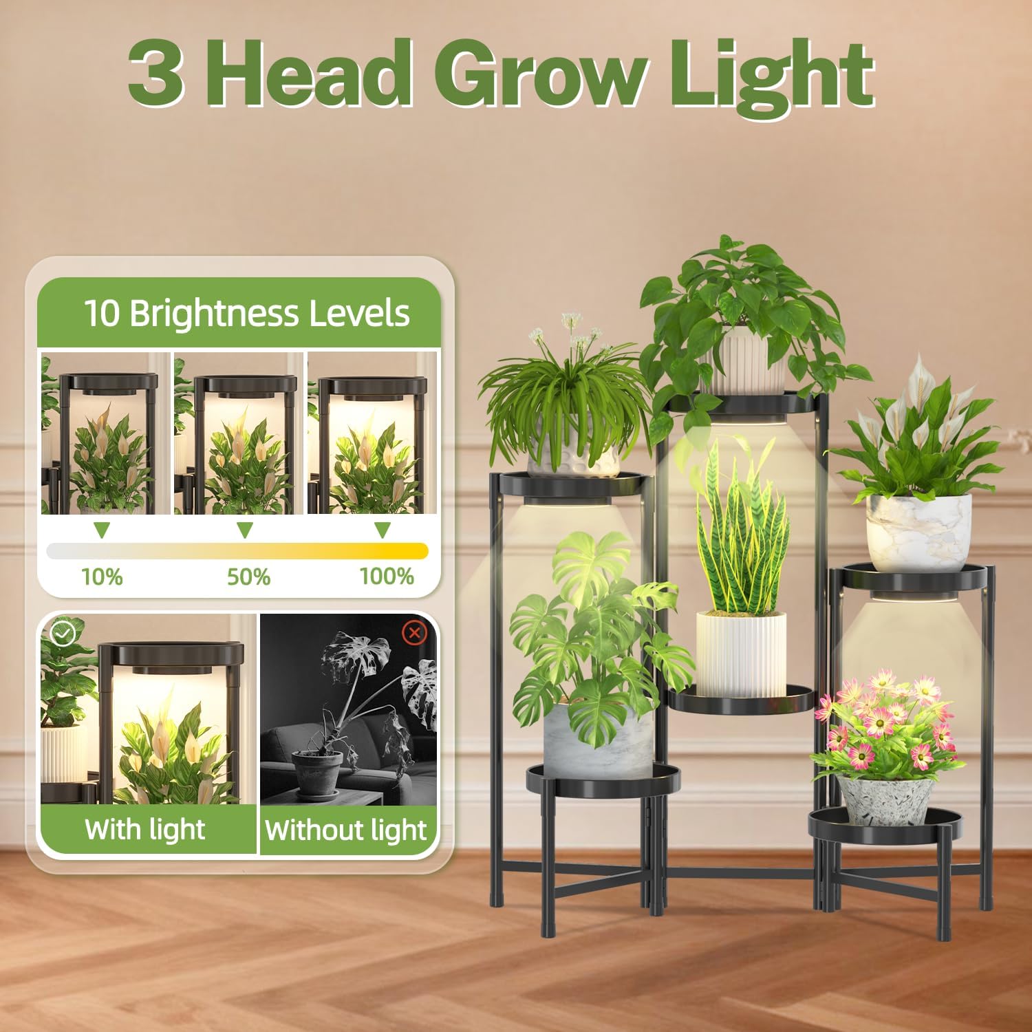 iDavosic.ly Plant Stand Indoor with Grow Lights, 6 Tier Metal Shelf, Black | Corner Tiered Flower Display Holder