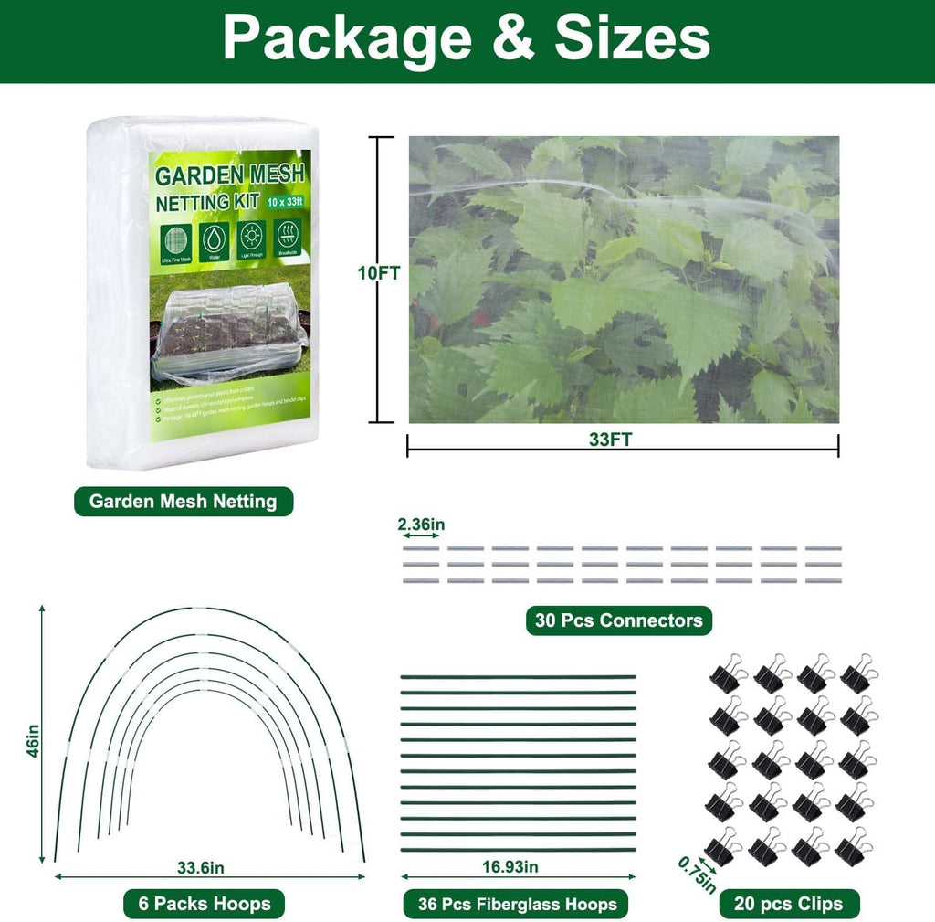 KLEWEE Garden Netting Kit for Raised Beds, 10x33ft Ultra Fine Mesh Netting | 6 Sets Fiberglass Garden Hoops, Garden Bed