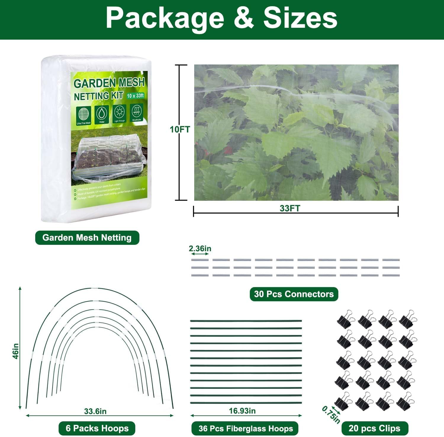 KLEWEE Garden Netting Kit for Raised Beds, 10x33ft Ultra Fine Mesh Netting | 6 Sets Fiberglass Garden Hoops, Garden Bed