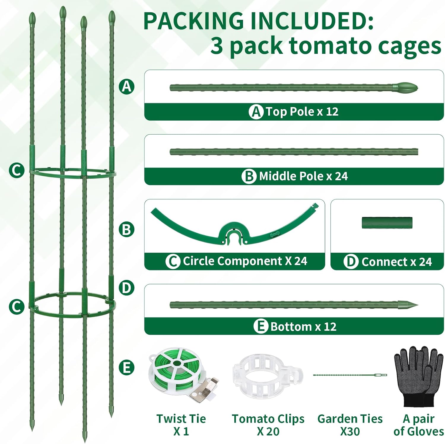 ROADPLUM 3 Pack 48" Round Tomato Cages for Garden, Plastic Coated Steel Pipe Heavy Duty Adjustable Tomato Stakes